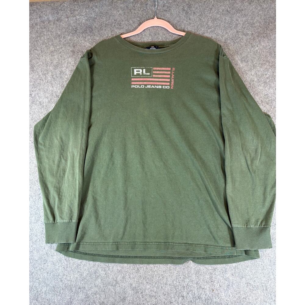 Polo Jeans Co Ralph Lauren Shirt Mens Large Green Long Sleeve Flag Graphic Tee
